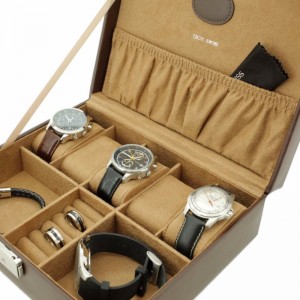 BRUINE LEREN OPSLAG VALET CASE VOOR HORLOGES EN SIERADEN MANCHETKNOPEN