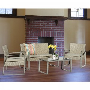 4-delig buitengesprekset Patio tuin zwembad gazon rotan rieten Loveseat Sofa zitkussen \u0026 glazen salontafel meubels set