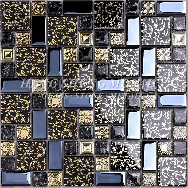 HDT02 Arabesque Nieuw Ontwerp Gouden lijn Gelamineerd Zwart Glas Art Bloem Mozaïek Patroon Tegels voor keuken Backsplash Muur