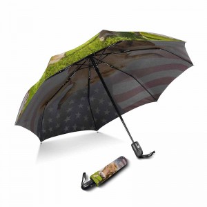 Portable marketing winddicht op maat bedrukt 2-delige glasvezel ribben automatisch open en dicht 3-voudige paraplu