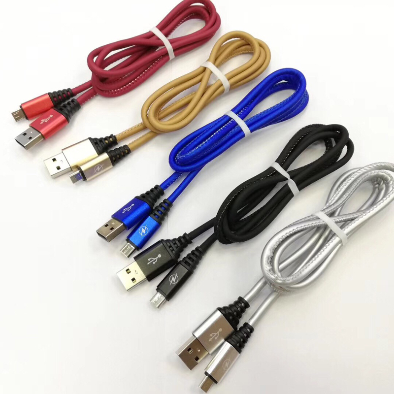 PU-leer Snel opladen Ronde USB-kabel voor micro-USB, Type C, iPhone bliksem opladen en synchroniseren