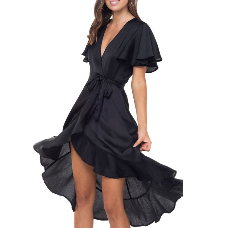 Lange zwarte jurk met dubbele ruches voor dames