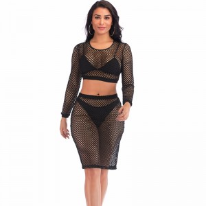 Sexy pure zwarte mesh lange mouwen ronde hals crop top \u0026 rok nachtkleding lingerie set N18973