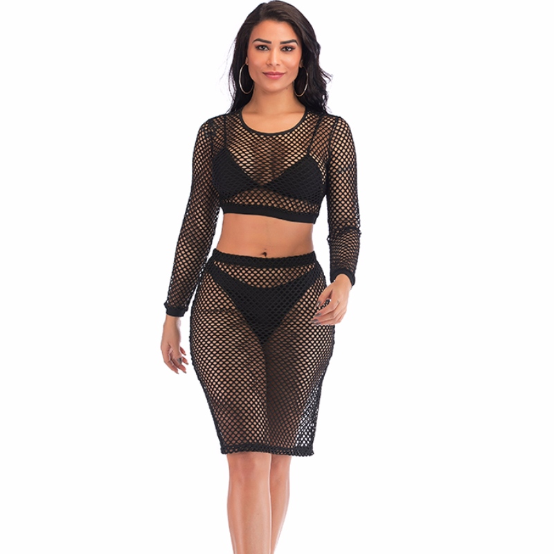 Sexy pure zwarte mesh lange mouwen ronde hals crop top u0026 rok nachtkleding lingerie set N18973