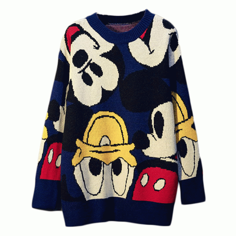 2019 Lange Leuke Donald Duck Cartoon Patroon Jacquard Dikke Winter Dames Pullover Sweater