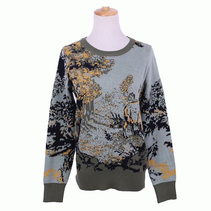 Aangepaste OEM ODM 100% wol legergroene jacquard pullover sweater dames