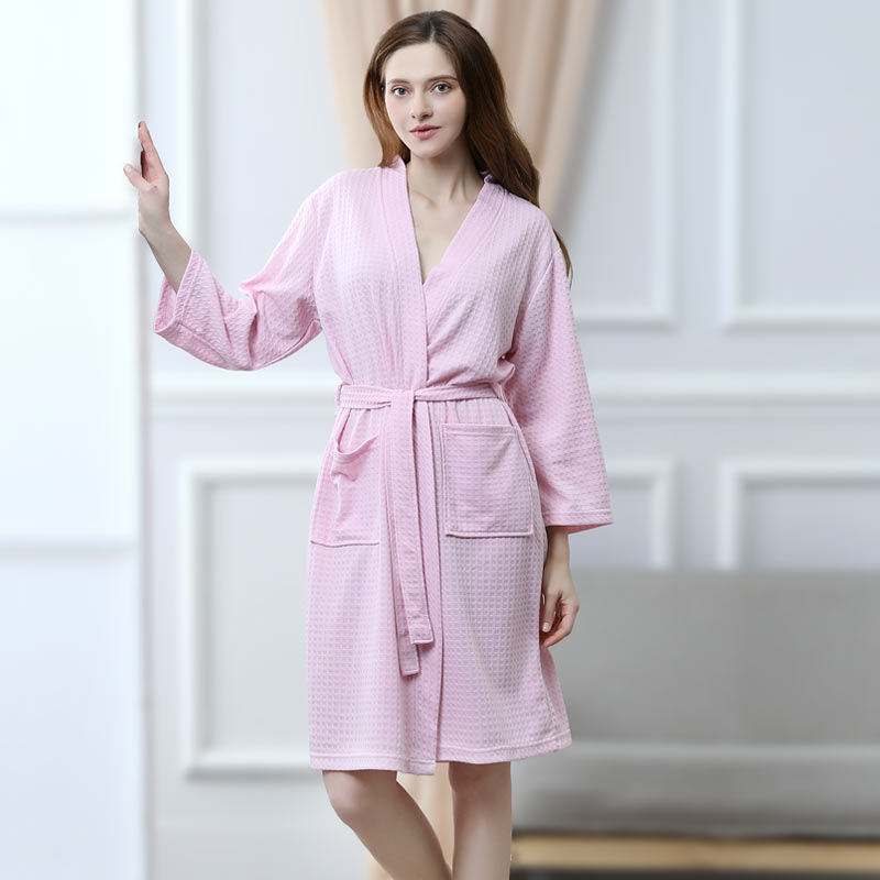 Dames wafel fleece gewaad effen kleur knielengte Kimono pyjama