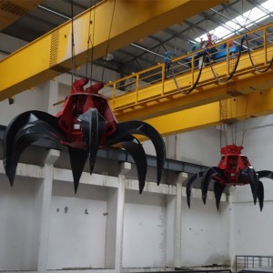 Dubbele ligger bovenloopkraan met grijper