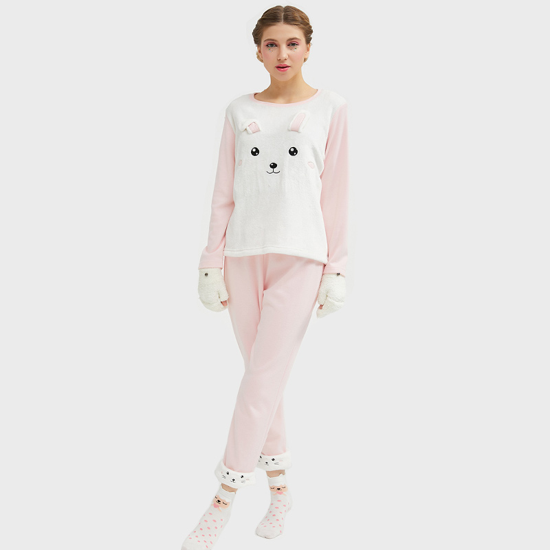 Dames Flanel Fleece Animal Embroidery Cat pyjama Set