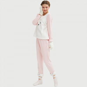 Dames Flanel Fleece Animal Embroidery Cat pyjama Set
