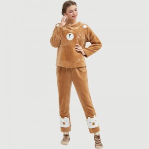 Vrouwen Flanel Fleece Animal Embroidery Beer Pyjama Set