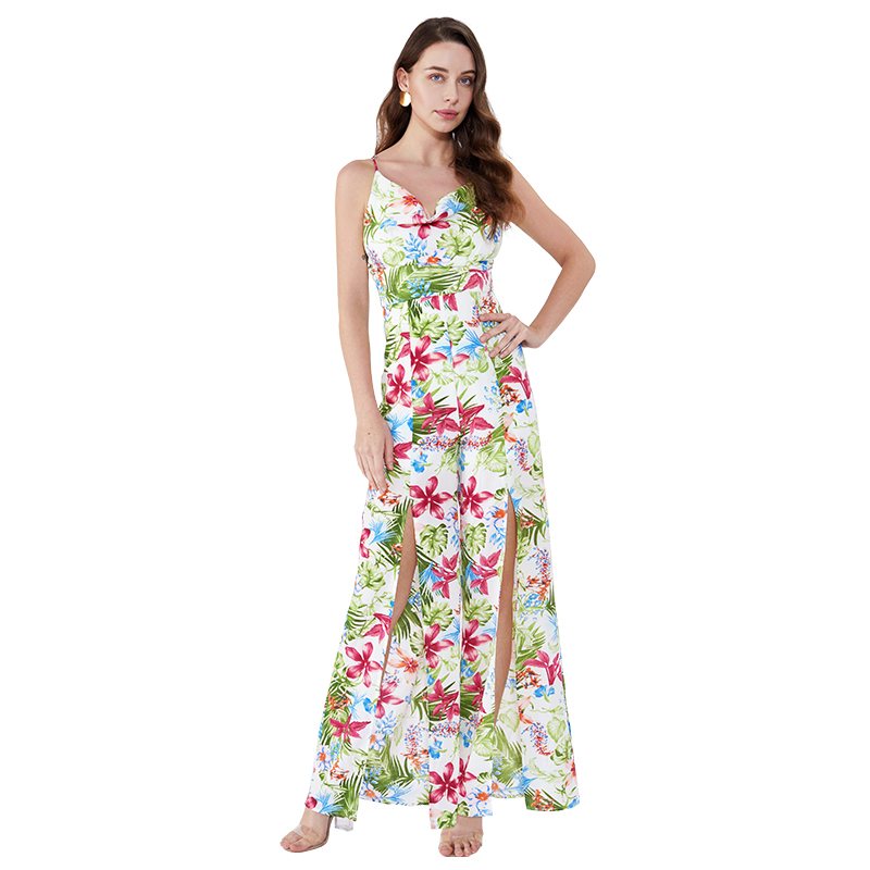 Zomer split aangepaste bloemenprint een stuk stretch vintage jumpsuit