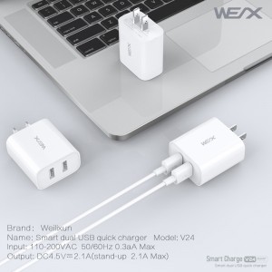 WEX - V24 dual usb reisoplader, muurlader, voedingsadapter