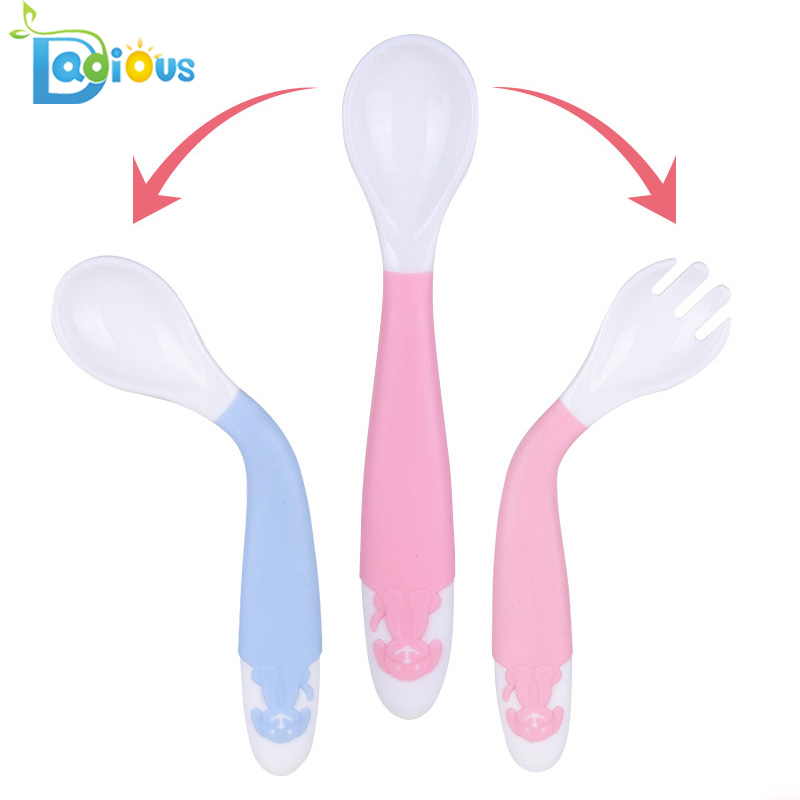 Nieuwe collectie Baby leren lepel en vork BPA-vrije plastic peuter gebruiksvoorwerpen Buigzaam Zacht Perfect Zelf voeden Baby lepels