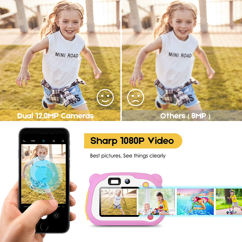 Kindercamera 8.0MP Oplaadbare digitale selfiecamera voor en achter Selfie-camera voor kinderen, speelgoed cadeau voor 4-10 jaar oude jongens en meisjes