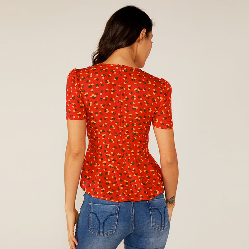 Dames Diepe V Zomer Rode Ruches Bloemen Geplooide Print Blouse