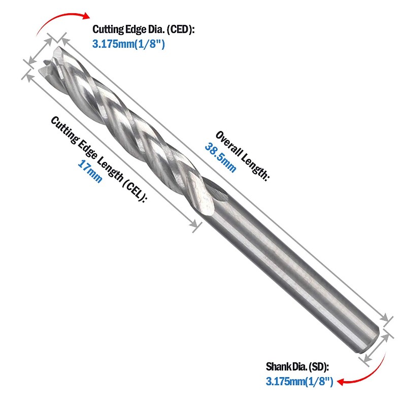 CNC-frees 1/8 frezen 1 8 schacht 4-fluit spiraalsnijder frees wolfraamstaal houtsnijgereedschapset 17 mm CEL, 38,5 mm OAL voor acryl MDF PVC dichtheidskaart hardhout multiplex