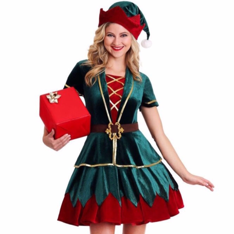 4pcs Deluxe Elf Kerstfeest Vakantie Velvet Mini Kostuum met hoed