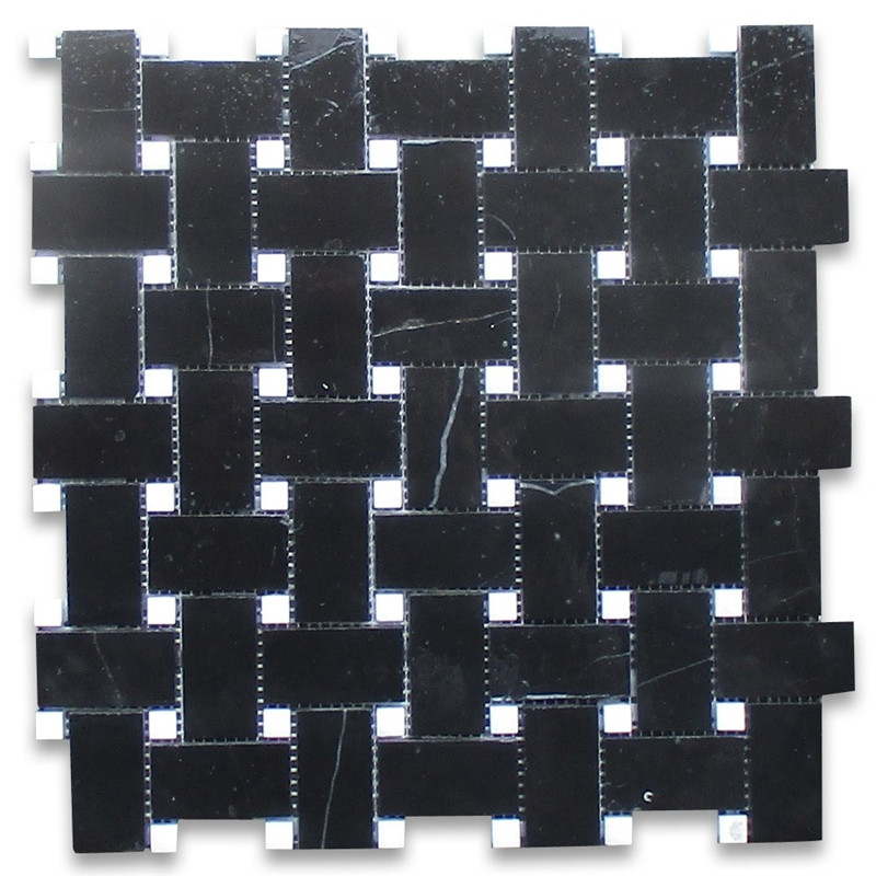 Nero marquina zwart marmer 1x2 basketweave mozaïek tegel witte stippen verzoet