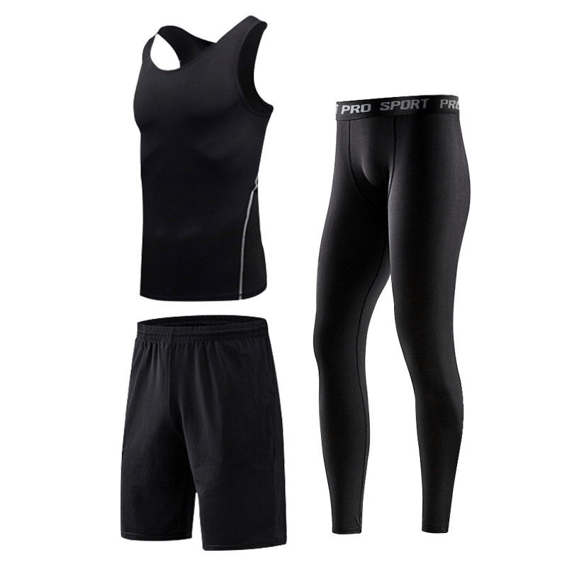 FDMM002-3 Fitnesspak heren, tanktop + losse shorts + strakke broek voor hardlopen