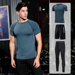 FDMM003-3 Fitnesspak heren, T-shirt + losse shorts + strakke broek voor hardlopen