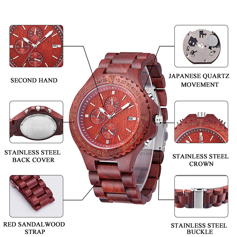 Klassieke grote wijzerplaat quartz rood sandelhout herenhorloge