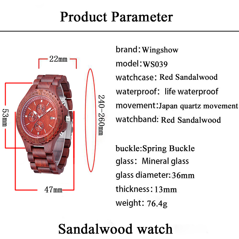 Klassieke grote wijzerplaat quartz rood sandelhout herenhorloge