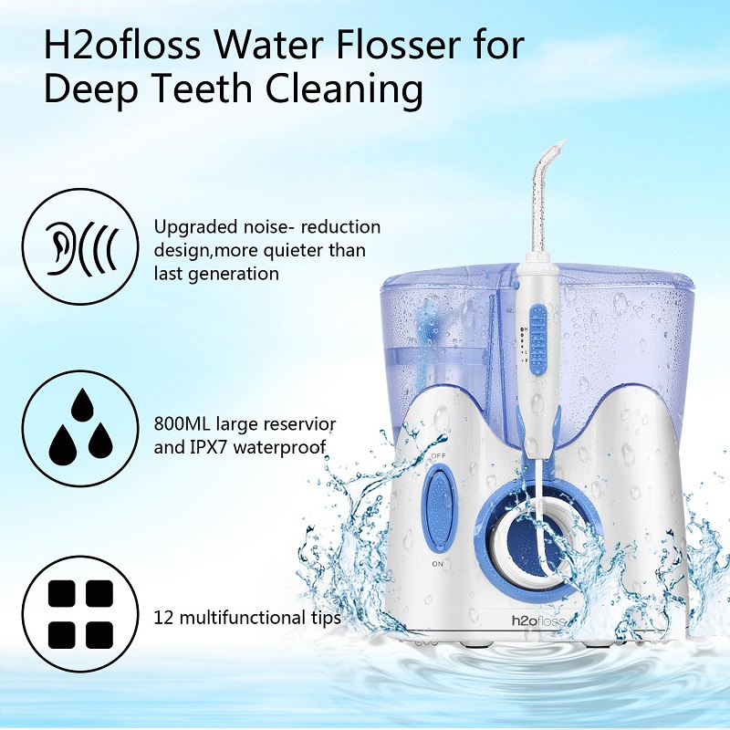 H2ofloss tandwaterflosser voor het reinigen van tanden met 12 multifunctionele tips en 800 ml, professioneel aanrecht monddouche stil ontwerp