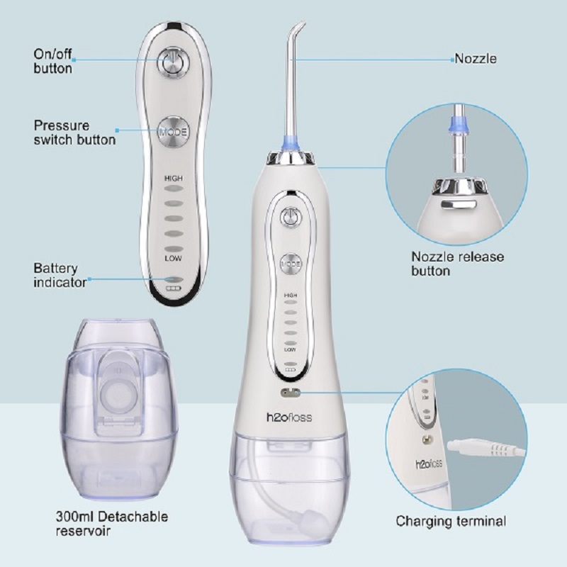 H2ofloss Waterflosser Professionele draadloze tandheelkundige monddouche - Draagbaar en oplaadbaar IPX7 Waterdicht flossen voor het reinigen van tanden, 300 ml reservoir voor thuis en onderweg (HF-6)