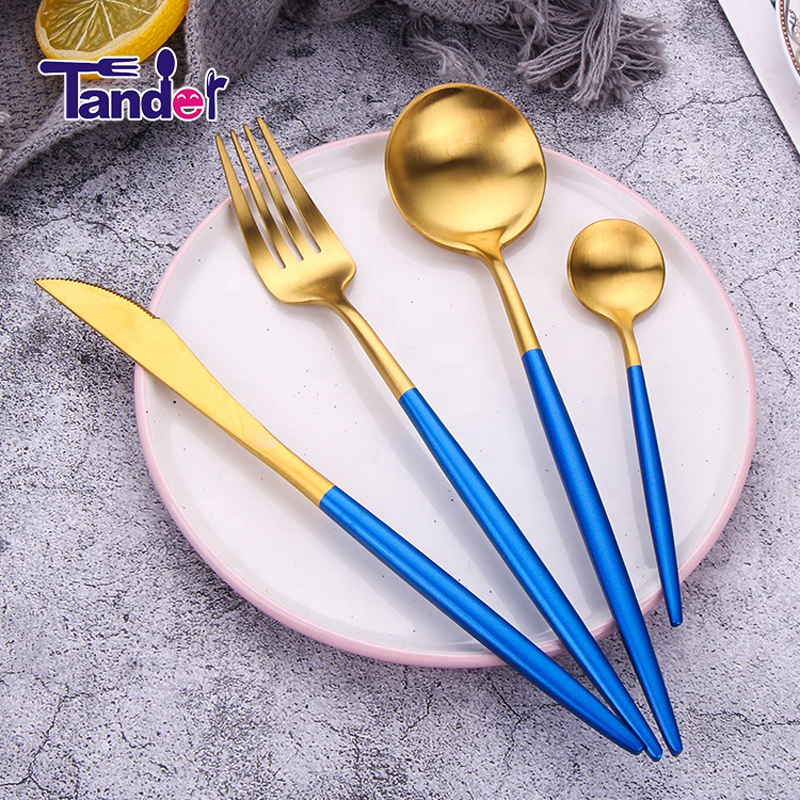 Tander korean style gold platware set roestvrij staal blauw handvat bestek