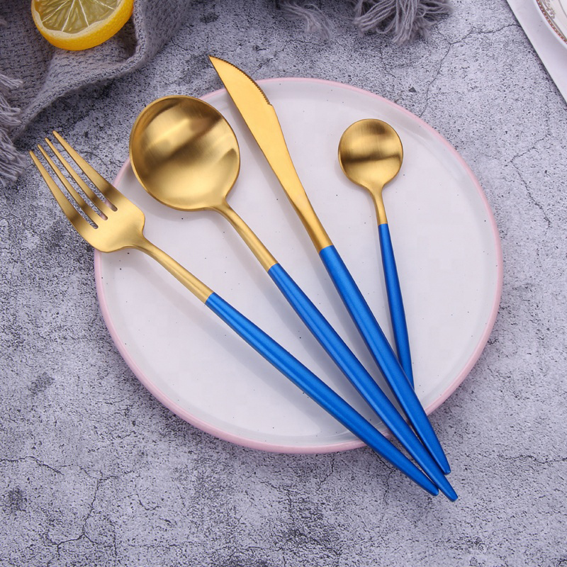 Tander korean style gold platware set roestvrij staal blauw handvat bestek