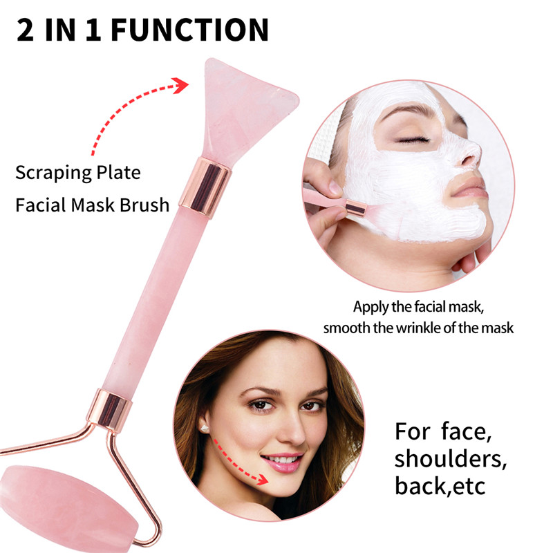 Jade Roller, 100% Rose Quartz Roller &UST Scrapping Plate &Mask Brush and Face Cleaning Brush 4 Functionele Face Massage voor Face Eye Neck Body