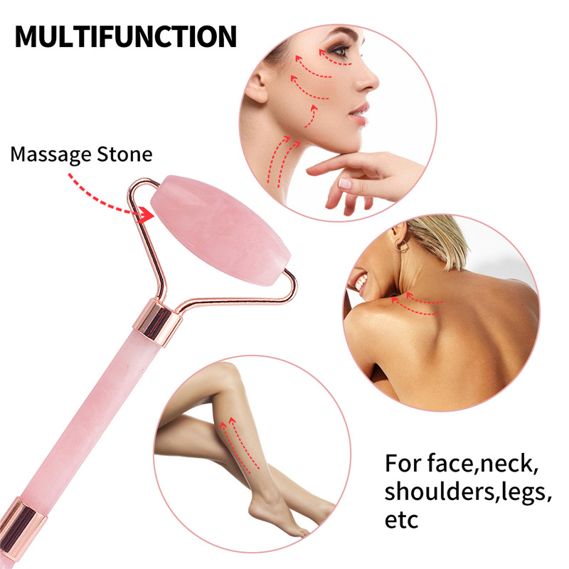 Jade Roller, 100% Rose Quartz Roller &UST Scrapping Plate &Mask Brush and Face Cleaning Brush 4 Functionele Face Massage voor Face Eye Neck Body