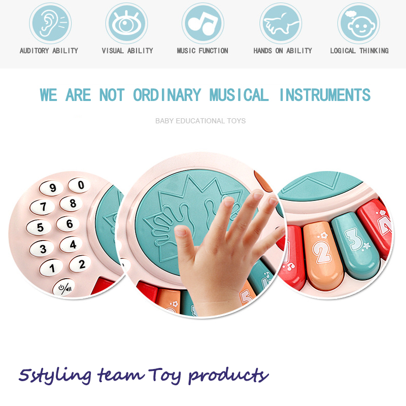 Muziek, verlichting, handgeklap, elektronisch orgel, telefoon, trommel, kinderliedje, opvoedkundige zin, kinderspeelgoed