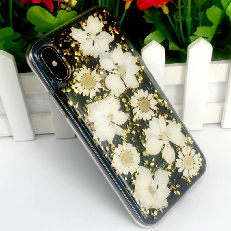Fabrikant's directe iPhone met goudfolie druppellijm echte bloem gedroogde bloem reliëf TPU appel transparant onbreekbaar hoesje
