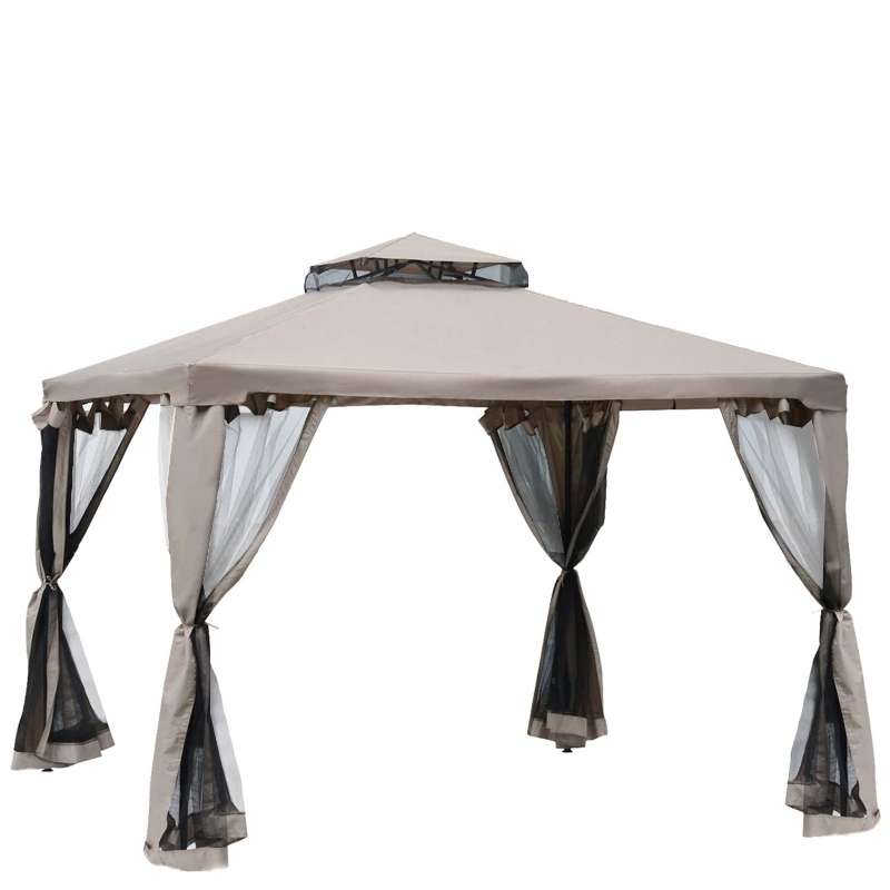 10 8217; x 10-pijlers 8217; Patio Gazebo Pavilion Canopy Tent, 2-Tier Soft Top met Netting Mesh Sidewalls, Taupe