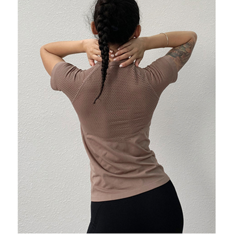 Hol gesneden zomer ademende blouse ontworpen slanke yoga beweging korte mouw