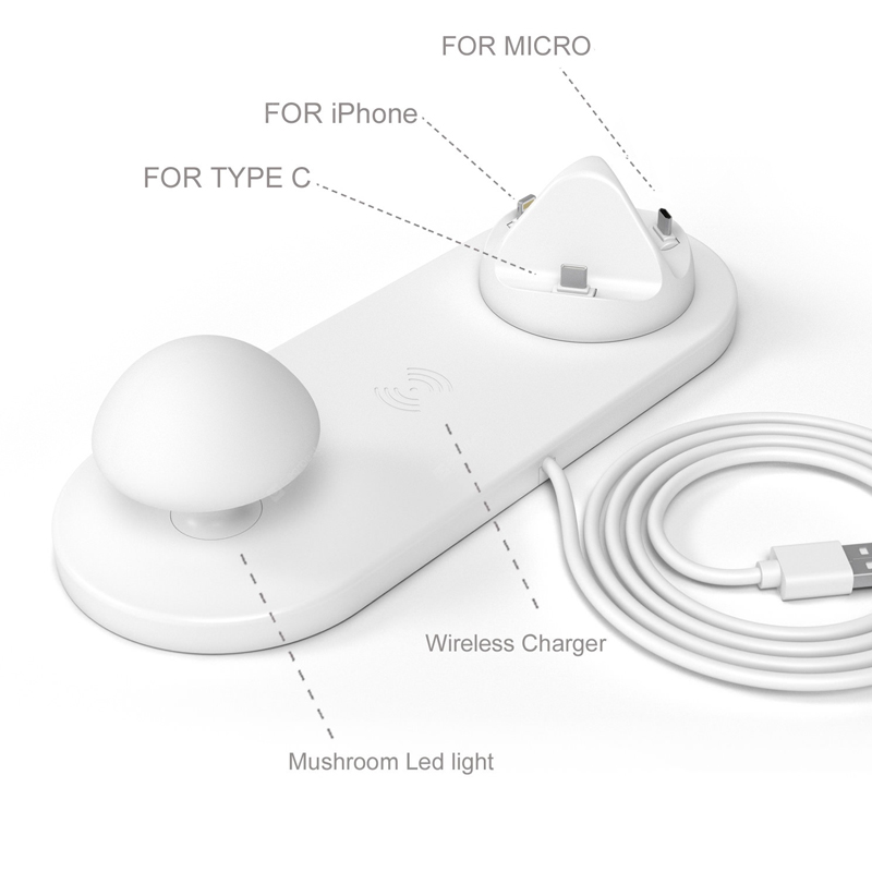 3-in-1 draadloos oplaadstation Paddestoelvorm Taplamp USB-oplader met meerdere poorten Mushroom-nachtlamp - wit