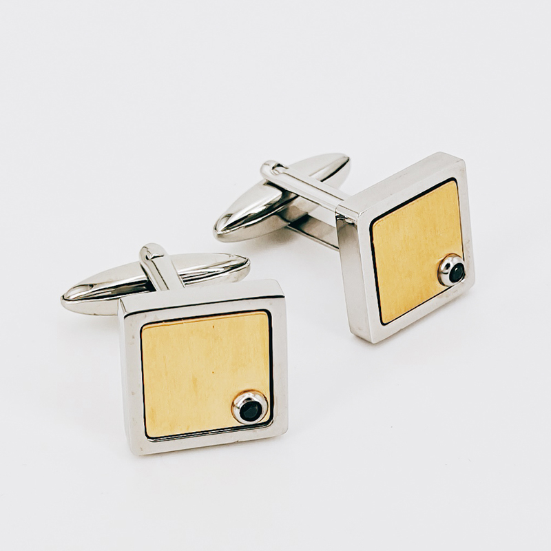 Heren tweekleurige vergulde roestvrijstalen manchetknopen met zwarte zirkonia