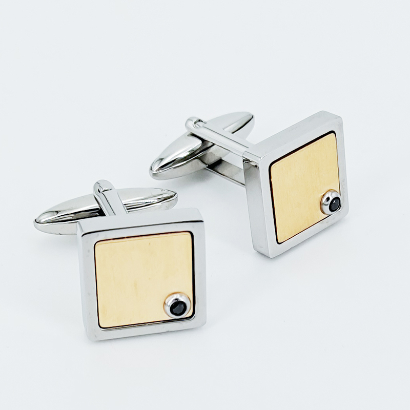 Heren tweekleurige vergulde roestvrijstalen manchetknopen met zwarte zirkonia
