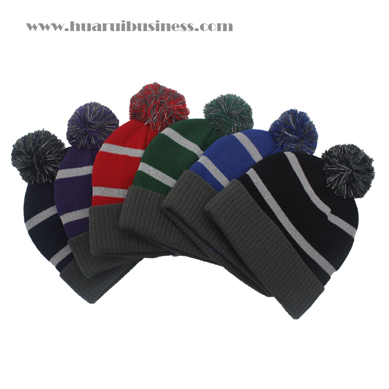 beanie met omslag van acryl, muts, tuque, unisex, wintermuts met pompon met reflecterende strepen