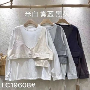 Losse-montage ontwerp Minimalistische ronde Collar stijl Stijve mouw Casual Vaste kleur katoen en linnen overspannen aangepaste 19608 T-shirts + Waistcoats