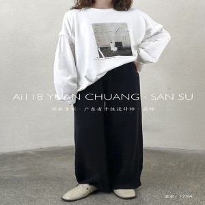 Lospassend ontwerp Minimalistische ronde collar stijl Gesnopte mouw Casual Vaste kleur katoen en linnen overspannen aangepaste 12709 Sweatshirts