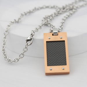 Mens Carbon Fiber Necklace Rose Gold Plated Army Style Stainkless Steel Dog Tag Pendant