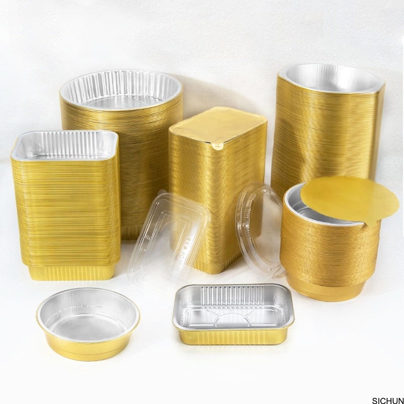 Aangepast restaurant gebruikte recycleerbare takeaway food bakplaat bakplaat doos gouden zilverkleurige aluminiumfolie containers met deksel