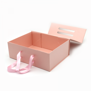 Aangepaste logo gedrukt vouwen papier platte pak cosmetische gift verpakking roze magnetische dozen met handvat