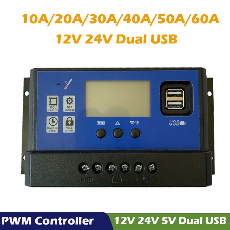 PWM Solar Charger Controller 60A 50A 40A 30A 20A 10A 12 V 24 V Batterijlader LCD DUAL USB Solar Panel Regulator MAX 50V PV INPUT