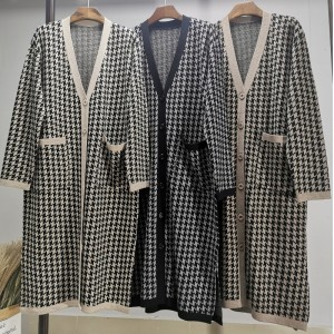 Modieuze Casual Joker Qianbirdcheck Wol Gebreide Lange Cardigan Jas 69069#