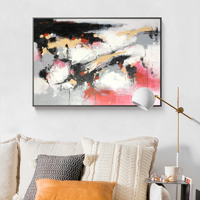 Hot koop groot formaat roze en zwart handgeschilderd op canvas acryl schilderij muur decor abstracte kunstwerk olie voor de woonkamer