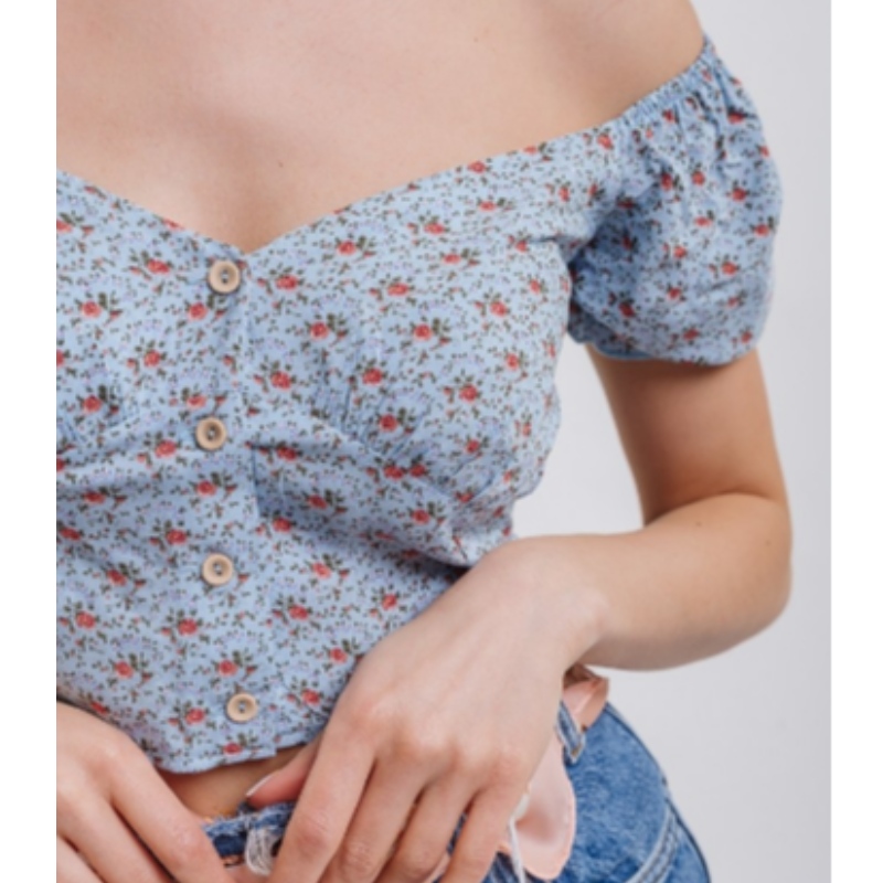 Off-the-Shoulder Blue Flowers Korte zomer shirt